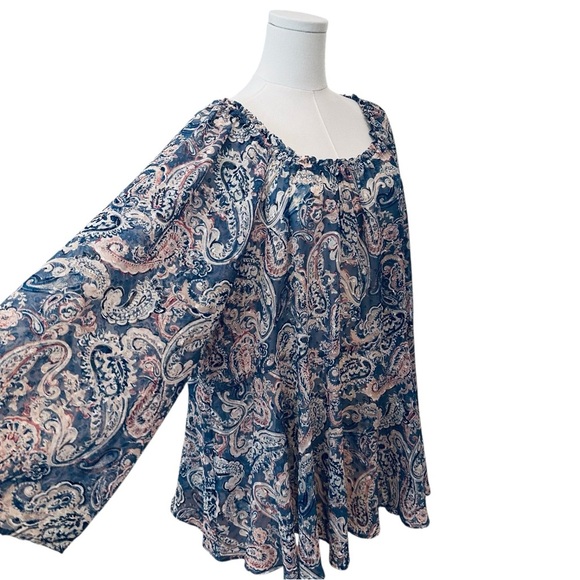 Women's 22/24W Sheer Pasiley Chiffon Blue Babydoll Flare Sleeve Plus Soft Blouse - Picture 3 of 5